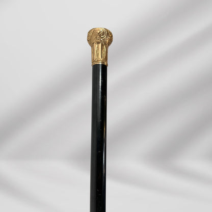Elegant Antique Carved Gold Plate Knob Handle Best Hallifax Walking Stick Cane Black Signed