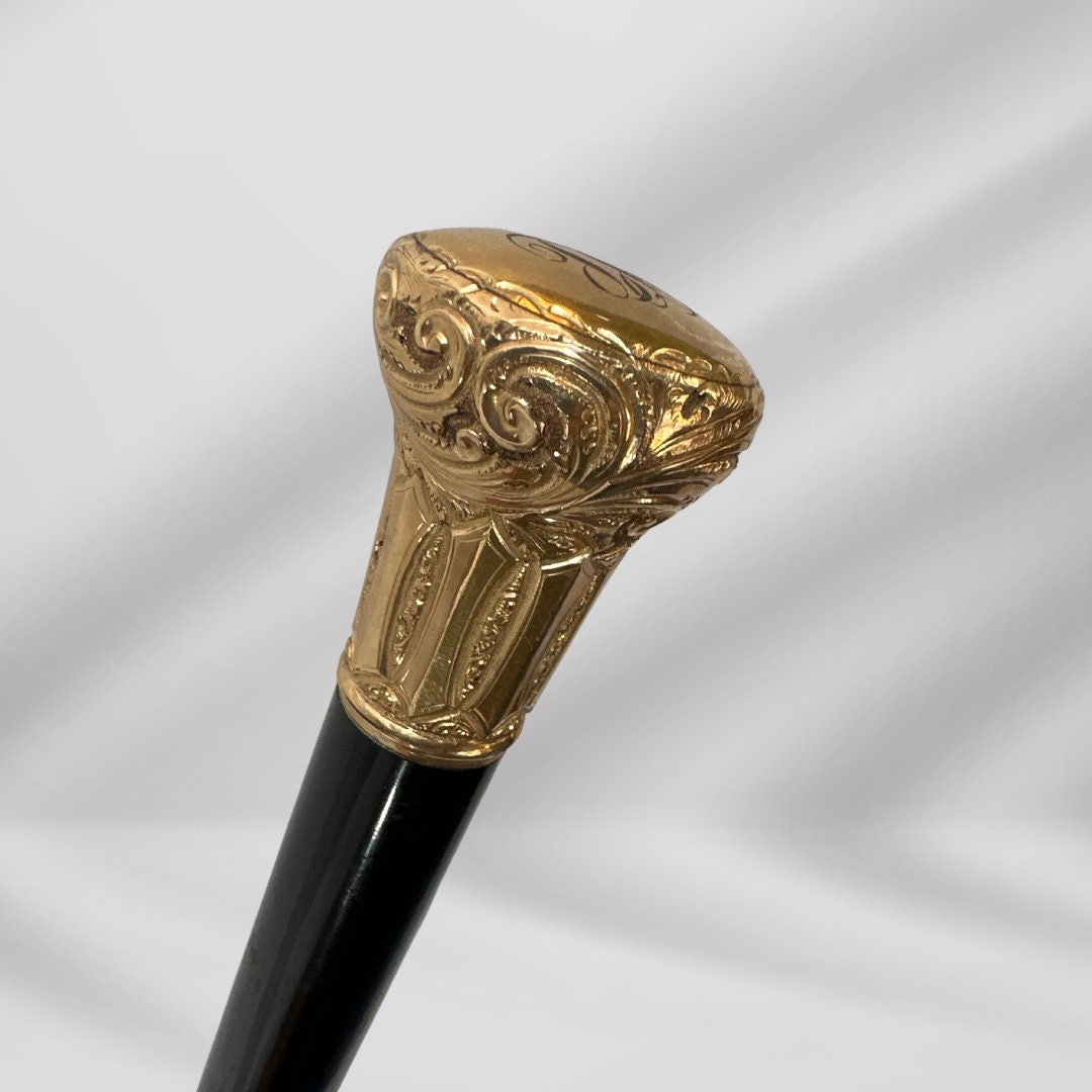Elegant Antique Carved Gold Plate Knob Handle Best Hallifax Walking Stick Cane Black Signed