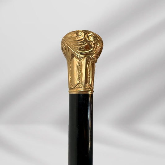 Elegant Antique Carved Gold Plate Knob Handle Best Hallifax Walking Stick Cane Black Signed