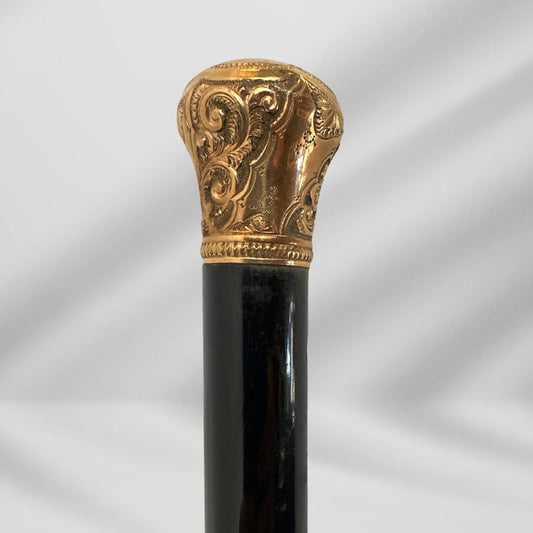 Antique Carved Gold Plate Knob Handle Walking Stick Cane Black Signed In Oct 1889