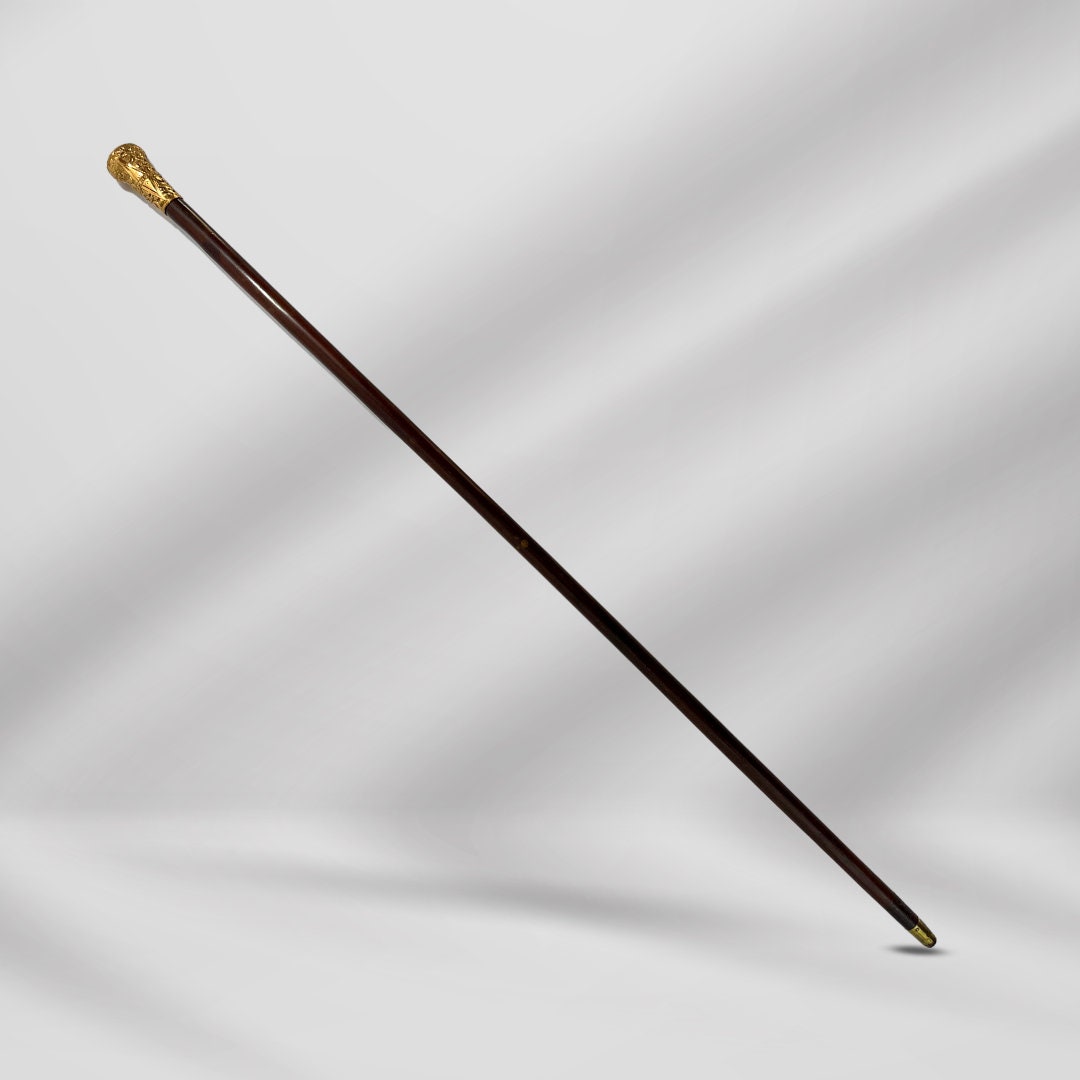 Elegant Antique Carved Gold Plate Knob Handle Unique Walking Stick Cane Brown