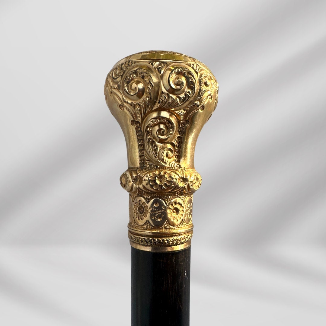 Antique Carved Gold Filled Knob Handle Walking Stick Cane Black