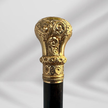 Antique Carved Gold Filled Knob Handle Walking Stick Cane Black