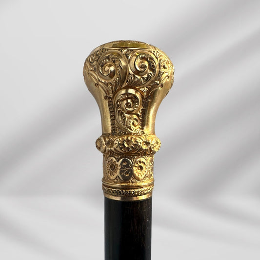 Antique Carved Gold Filled Knob Handle Walking Stick Cane Black