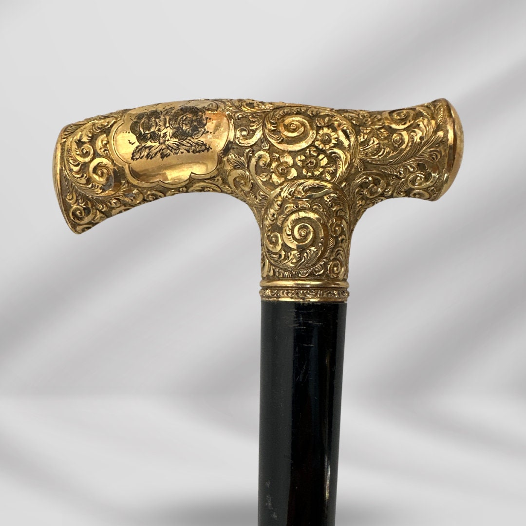 Gold Plated Derby Handle Luxury Antique Walking Cane. Antique Walking Stick Cane Black Wood.
