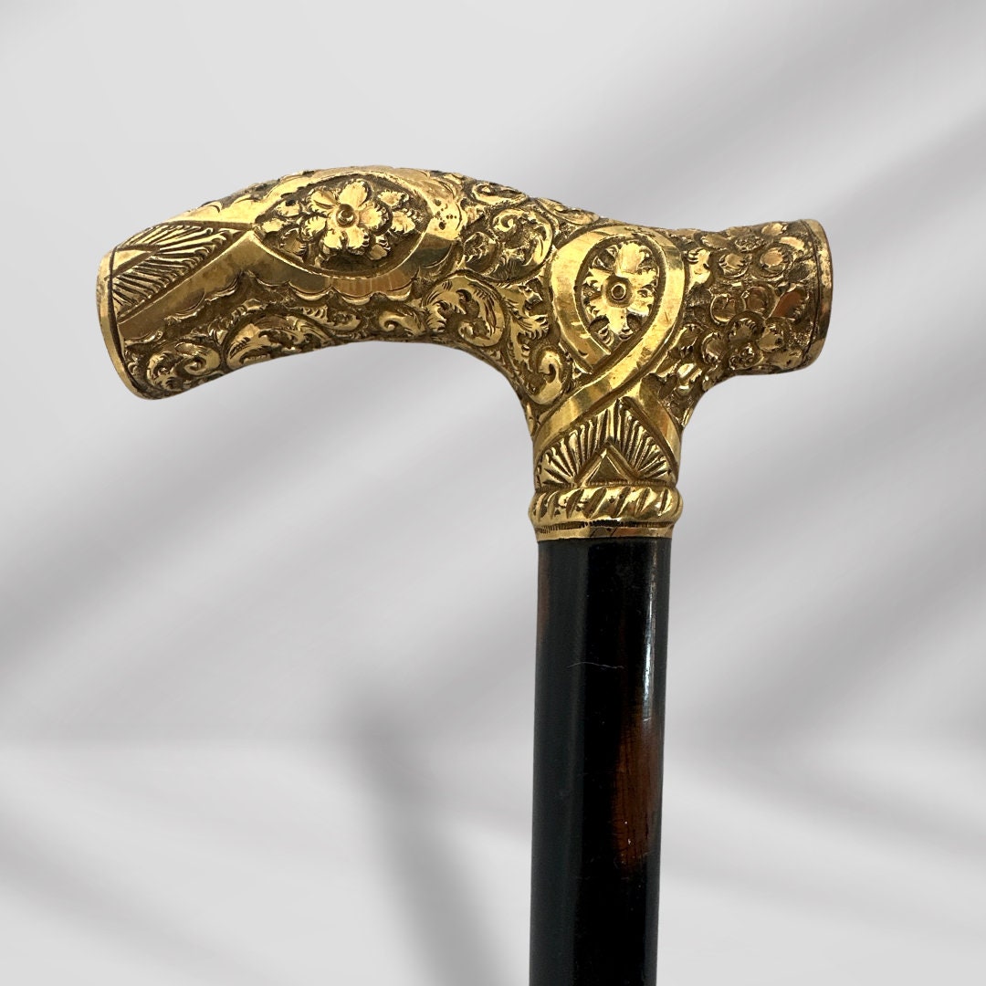 1800s Antique Luxury Gold-Plated Walking Stick for Men. Black Cane, Vintage Gentleman’s Accessory