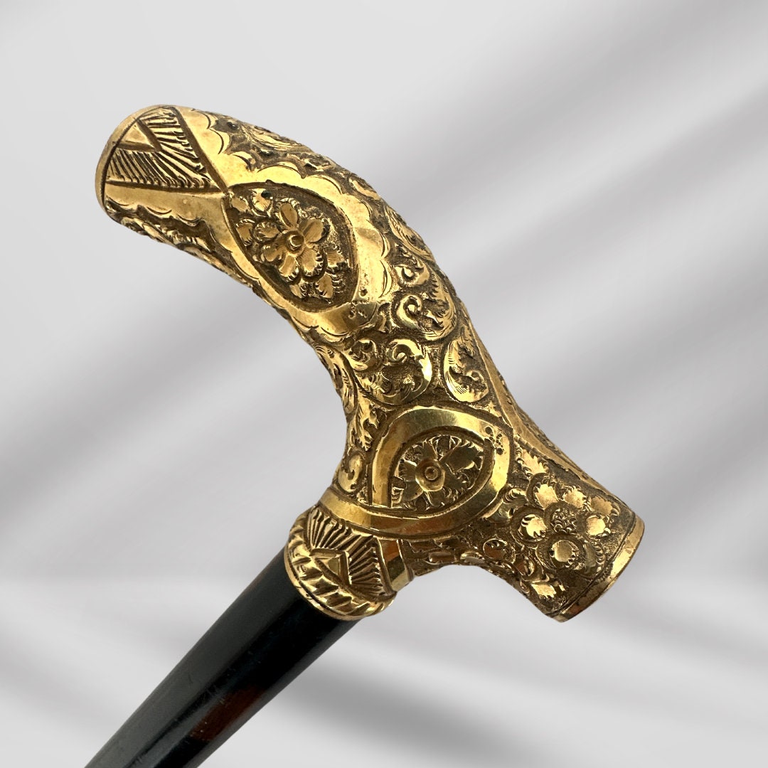 1800s Antique Luxury Gold-Plated Walking Stick for Men. Black Cane, Vintage Gentleman’s Accessory