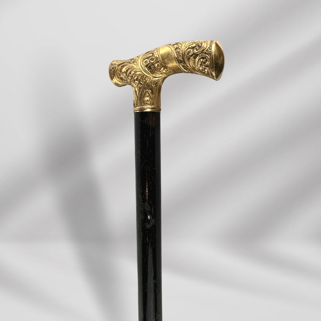 Antique Gold-Plated Knob Head Handle Wooden Walking Stick Cane for Men. Vintage Gentleman’s Accessory