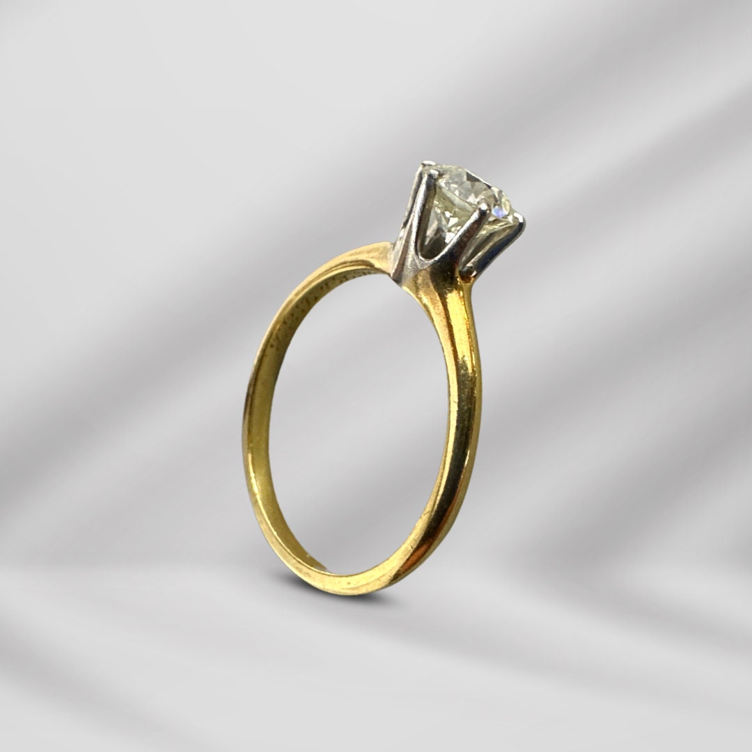 Size 7.5 Signed MK Antique 14K Yellow Gold Ring with White Gold Accent & 0.75CT Diamond. Elegant Vintage Jewelry for Women