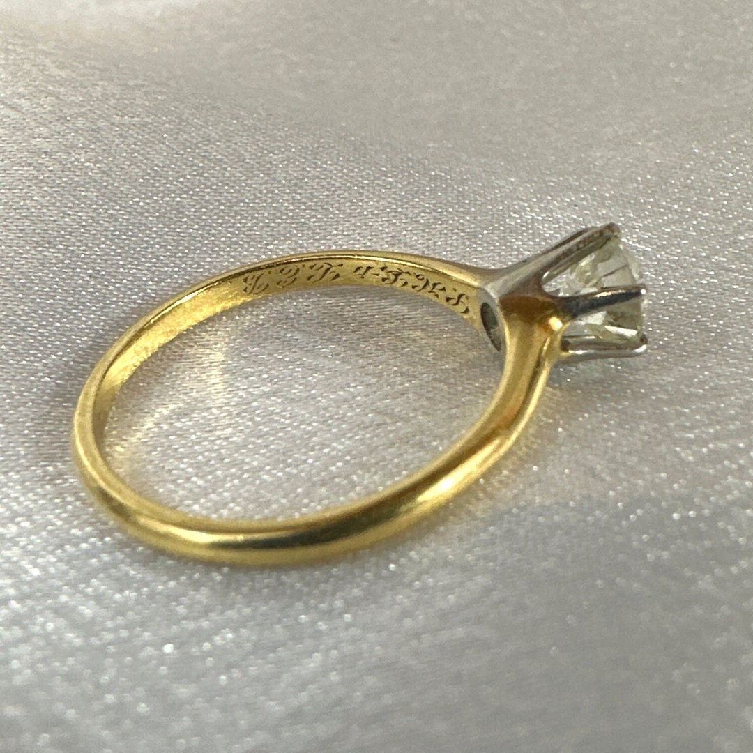 Size 7.5 Signed MK Antique 14K Yellow Gold Ring with White Gold Accent & 0.75CT Diamond. Elegant Vintage Jewelry for Women