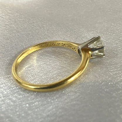 Size 7.5 Signed MK Antique 14K Yellow Gold Ring with White Gold Accent & 0.75CT Diamond. Elegant Vintage Jewelry for Women