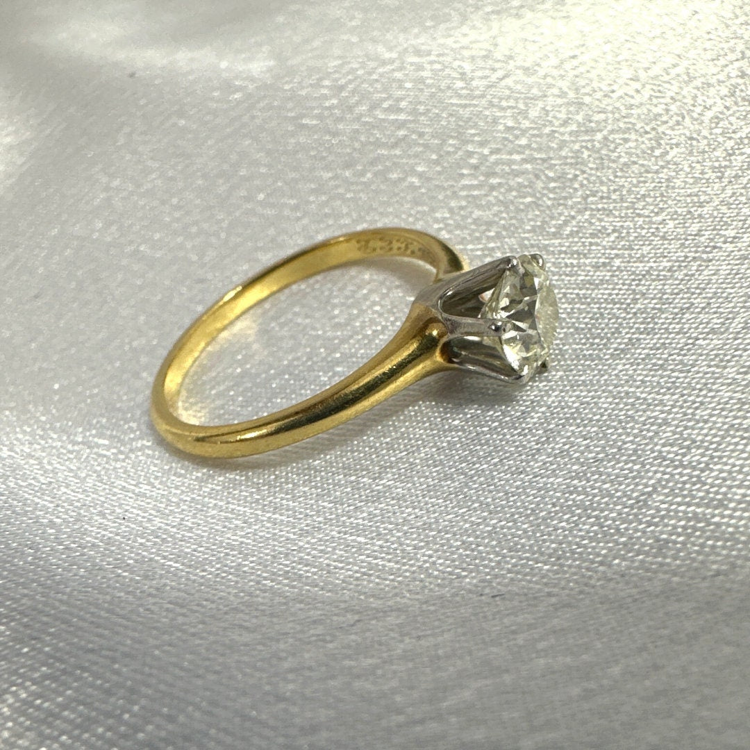 Size 7.5 Signed MK Antique 14K Yellow Gold Ring with White Gold Accent & 0.75CT Diamond. Elegant Vintage Jewelry for Women