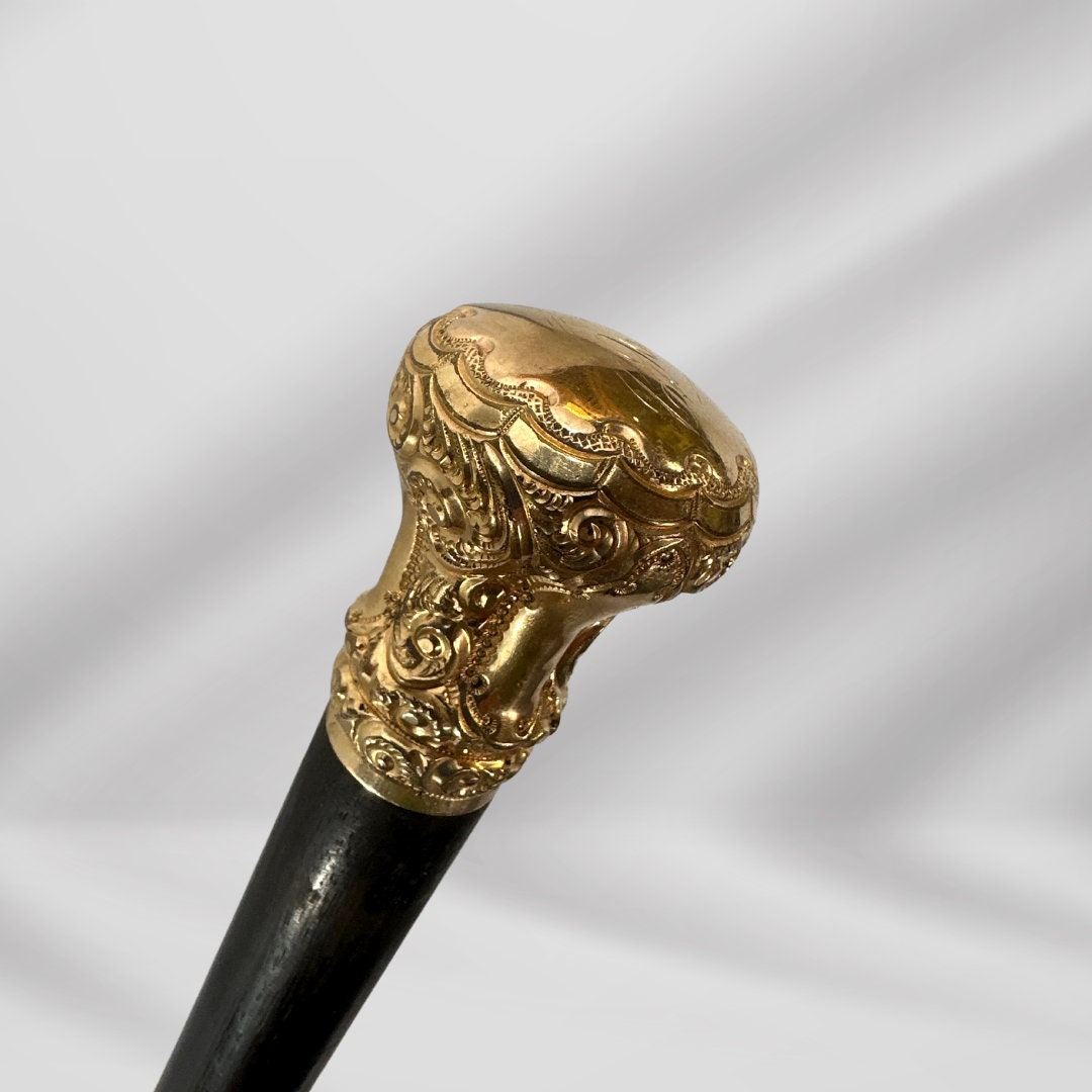 Carved Gold Plate Knob Handle Unique Elegant Antique Walking Stick Cane Black