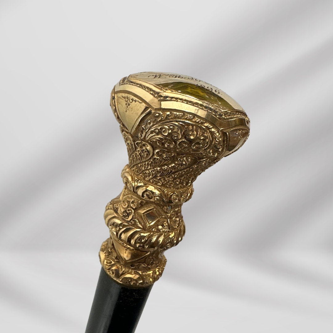 Antique 1896 Walking Stick. Elegant Black Cane with Carved Gold-Plated Knob Handle, Signed.