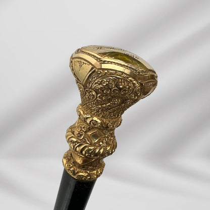 Antique 1896 Walking Stick. Elegant Black Cane with Carved Gold-Plated Knob Handle, Signed.