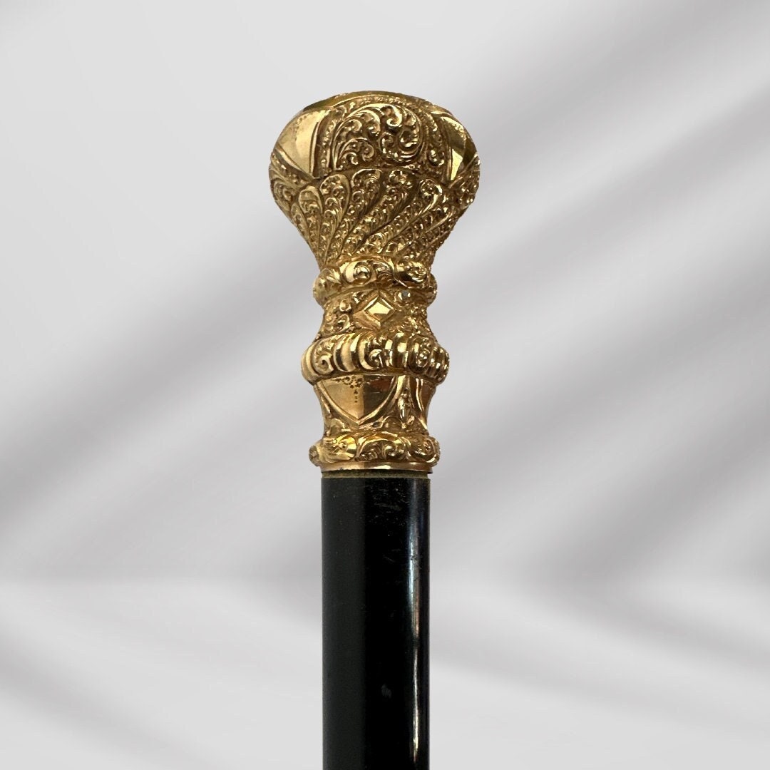 Antique 1896 Walking Stick. Elegant Black Cane with Carved Gold-Plated Knob Handle, Signed.