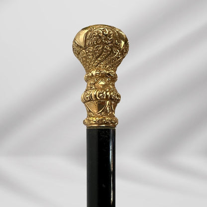 Antique 1896 Walking Stick. Elegant Black Cane with Carved Gold-Plated Knob Handle, Signed.