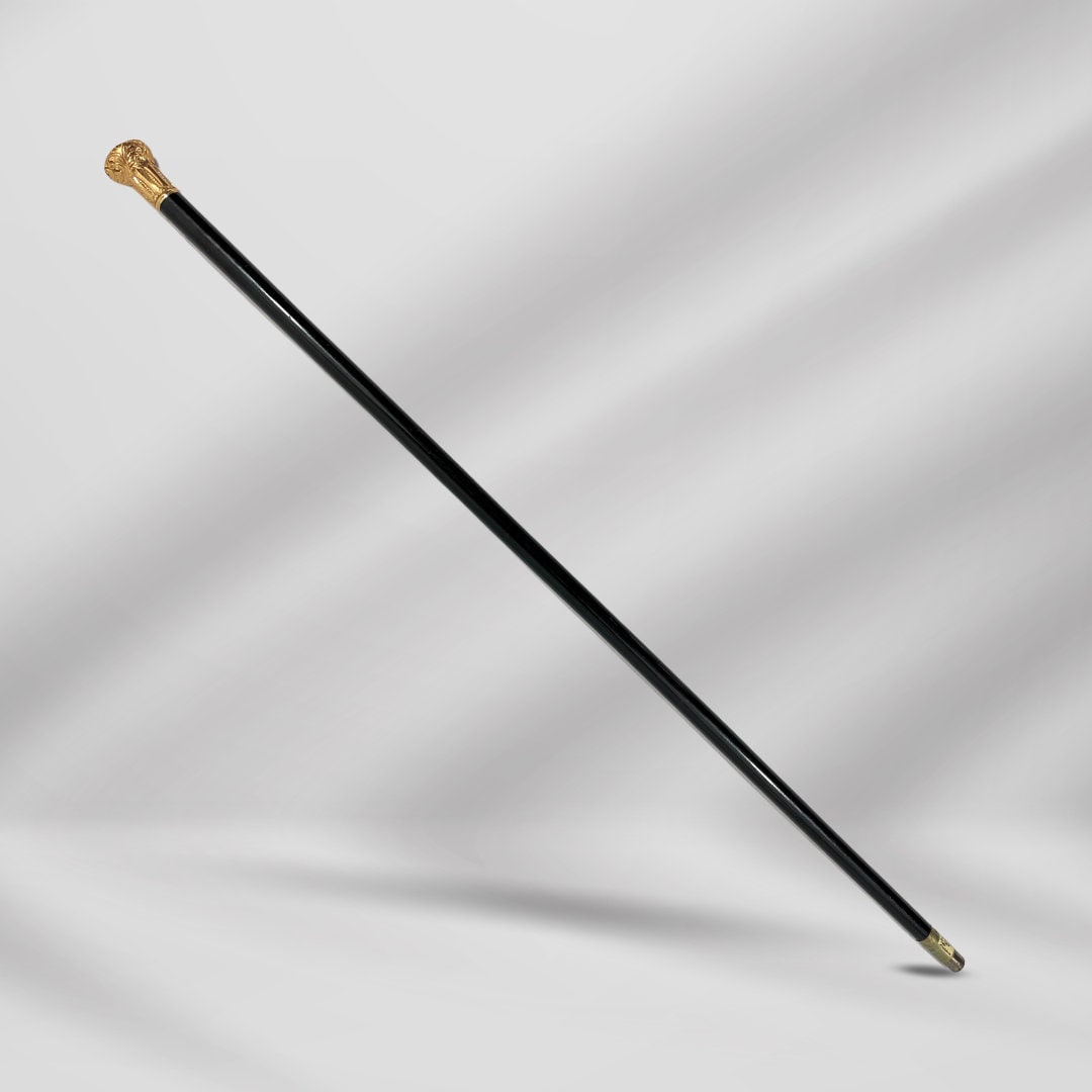 Elegant Antique Carved Gold Plate Knob Handle Best Hallifax Walking Stick Cane Black Signed