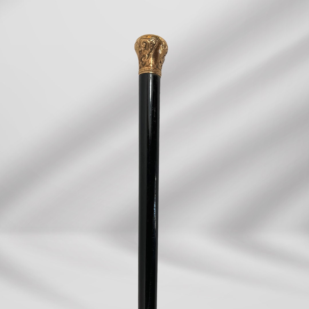 Antique Carved Gold Plate Knob Handle Walking Stick Cane Black Signed In Oct 1889