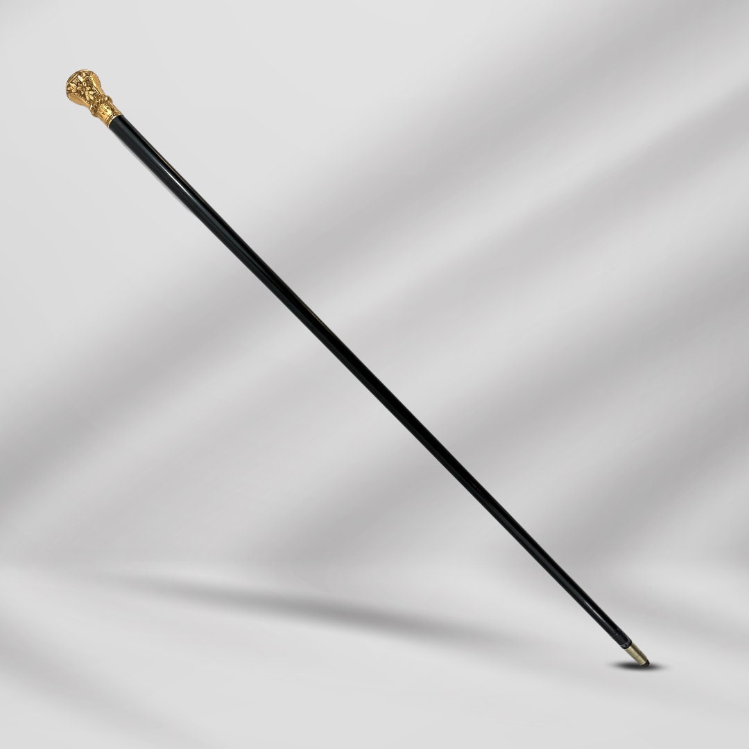 Antique Carved Gold Plate Knob Handle Walking Stick Cane Black