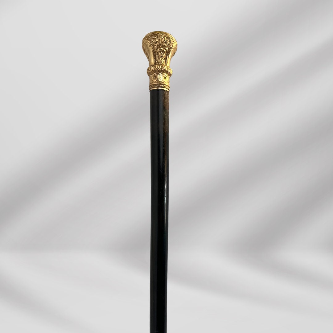 Antique Carved Gold Filled Knob Handle Walking Stick Cane Black