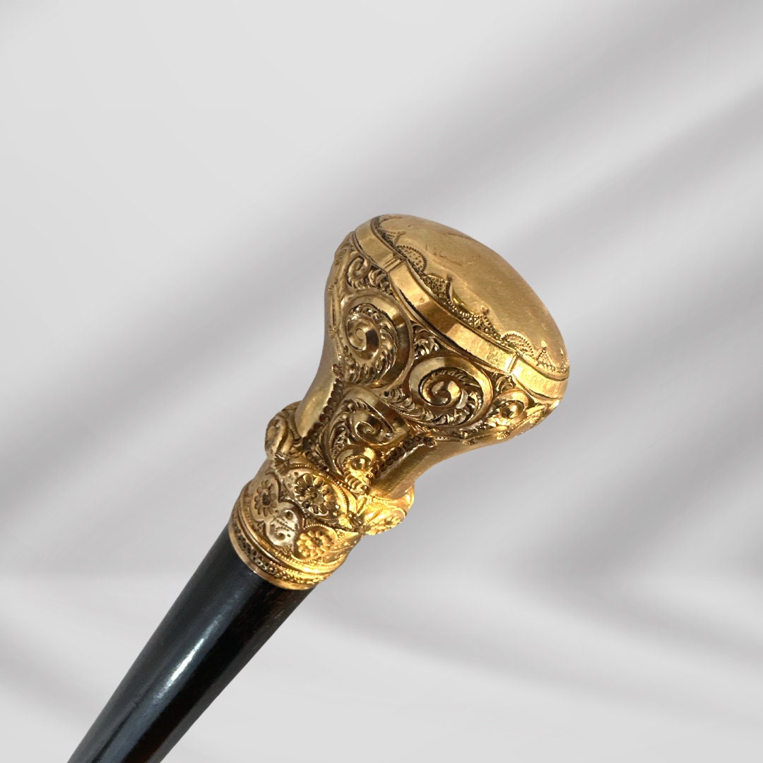 Antique Carved Gold Filled Knob Handle Walking Stick Cane Black