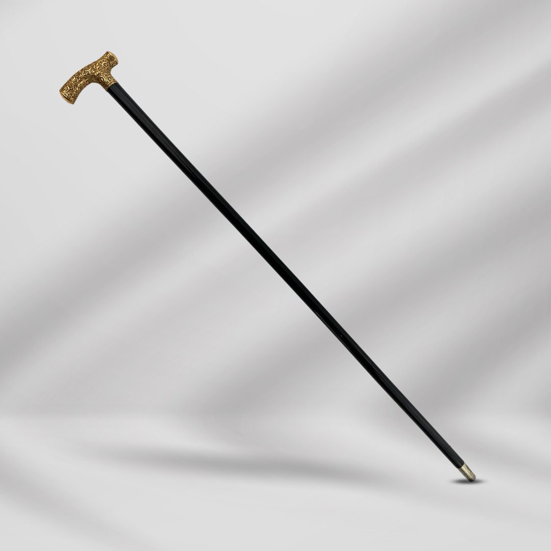 Gold Plated Derby Handle Luxury Antique Walking Cane. Antique Walking Stick Cane Black Wood.