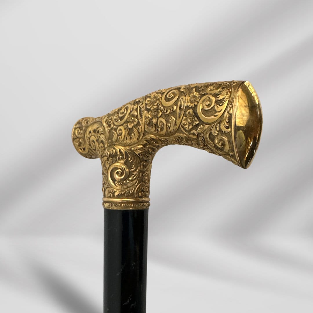 Gold Plated Derby Handle Luxury Antique Walking Cane. Antique Walking Stick Cane Black Wood.