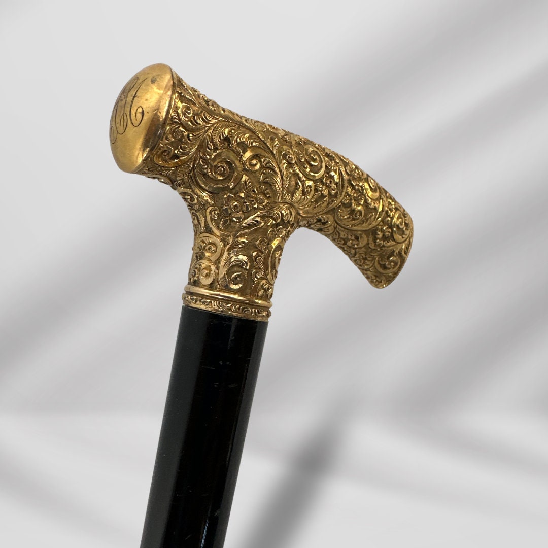 Gold Plated Derby Handle Luxury Antique Walking Cane. Antique Walking Stick Cane Black Wood.