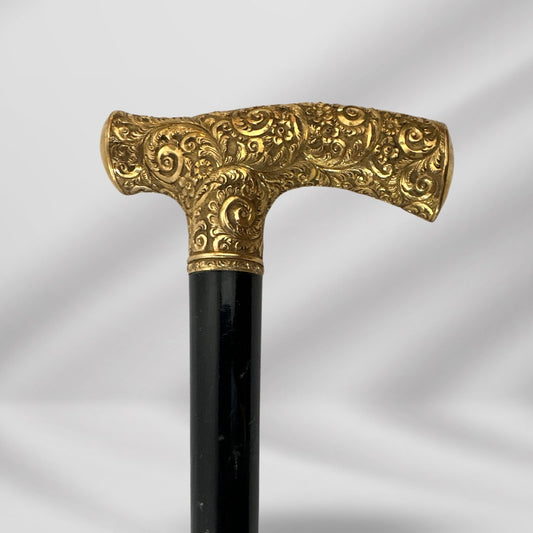 Gold Plated Derby Handle Luxury Antique Walking Cane. Antique Walking Stick Cane Black Wood.