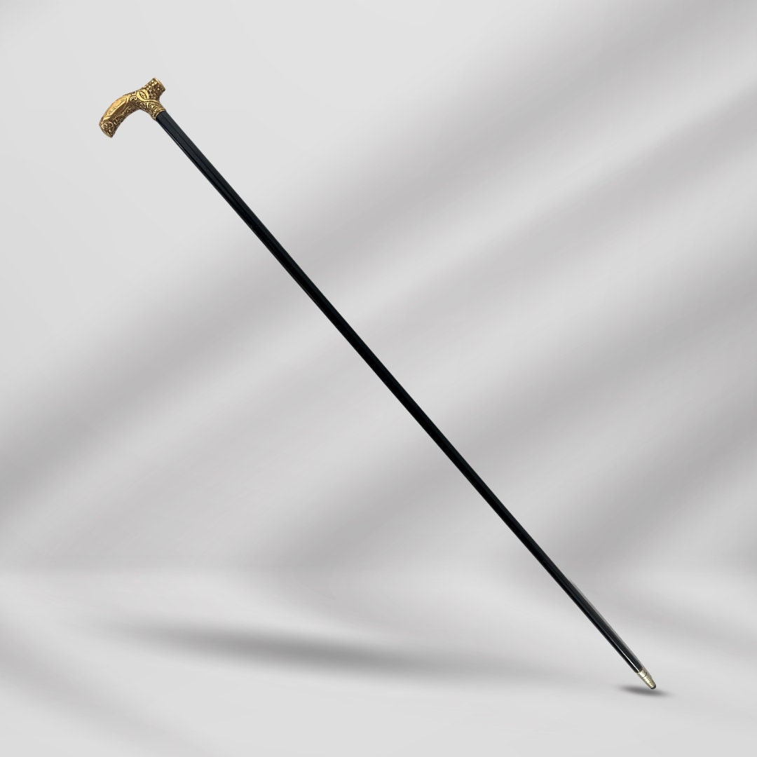 1800s Antique Luxury Gold-Plated Walking Stick for Men. Black Cane, Vintage Gentleman’s Accessory