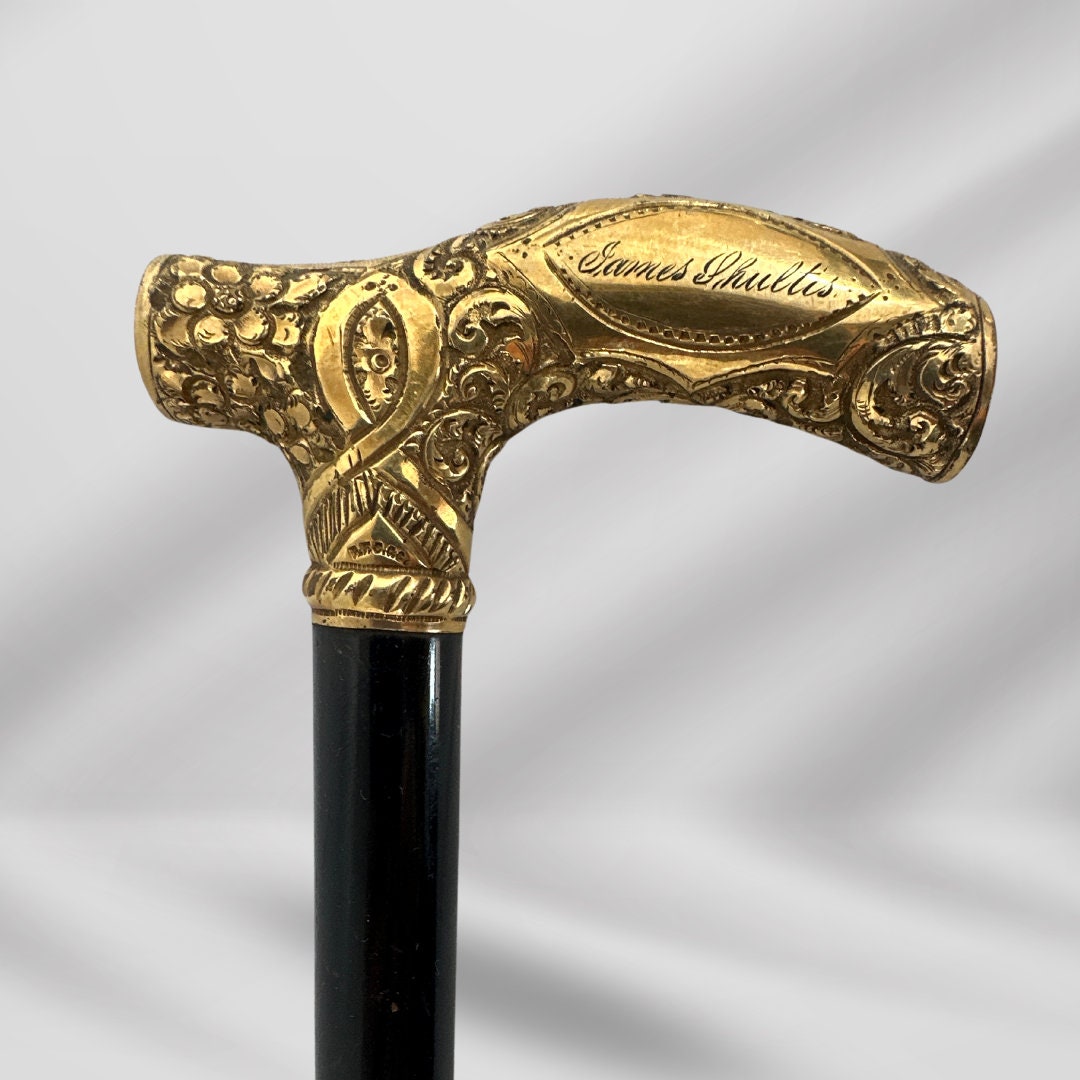 1800s Antique Luxury Gold-Plated Walking Stick for Men. Black Cane, Vintage Gentleman’s Accessory