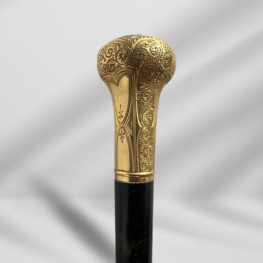 Antique Skinner Walking Stick. Designer Gold-Plated Handle, Wooden Cane, Signed 1874