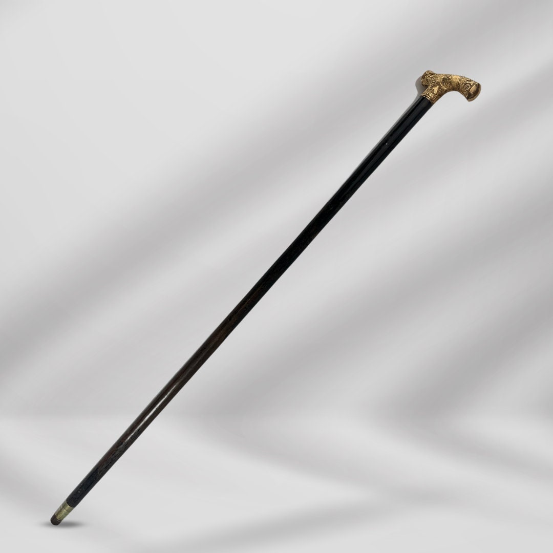 Antique Gold-Plated Knob Head Handle Wooden Walking Stick Cane for Men. Vintage Gentleman’s Accessory