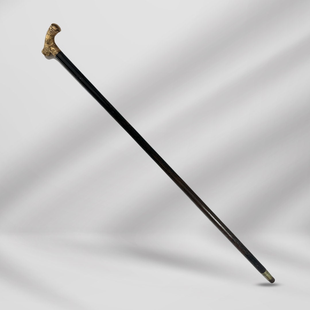 Antique Gold-Plated Knob Head Handle Wooden Walking Stick Cane for Men. Vintage Gentleman’s Accessory