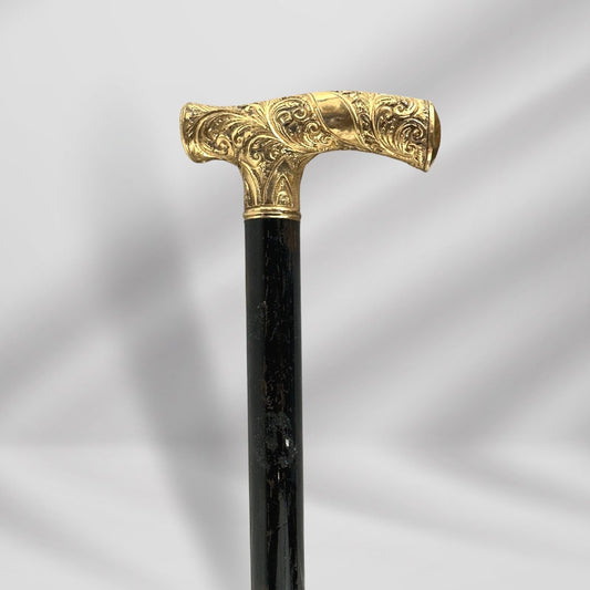 Antique Gold-Plated Knob Head Handle Wooden Walking Stick Cane for Men. Vintage Gentleman’s Accessory