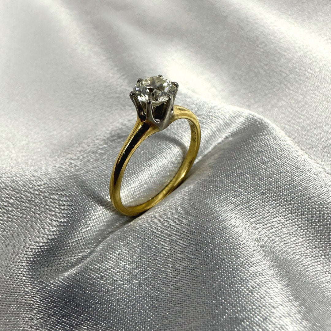 Size 7.5 Signed MK Antique 14K Yellow Gold Ring with White Gold Accent & 0.75CT Diamond. Elegant Vintage Jewelry for Women