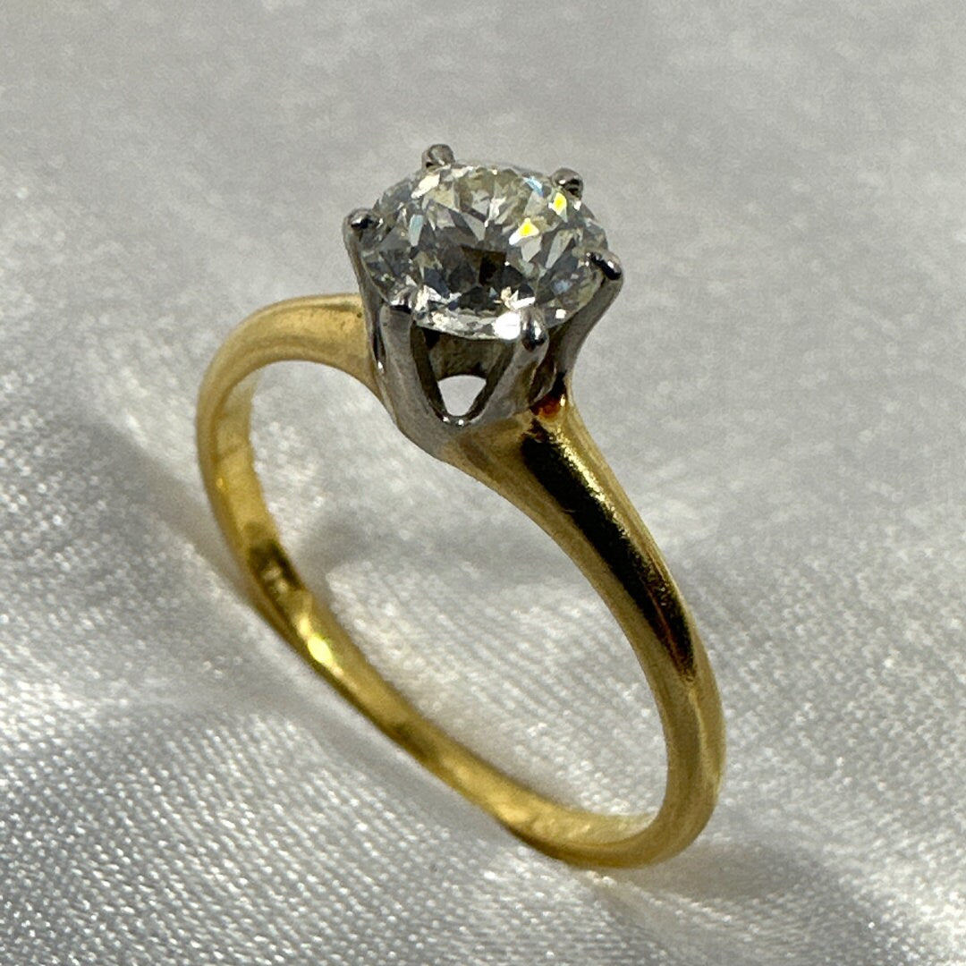 Size 7.5 Signed MK Antique 14K Yellow Gold Ring with White Gold Accent & 0.75CT Diamond. Elegant Vintage Jewelry for Women