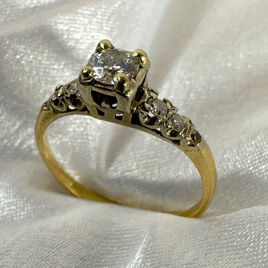 Art Deco 14K Yellow Gold Ring with White Gold Accents And Diamonds. Antique Ring, Size 6.