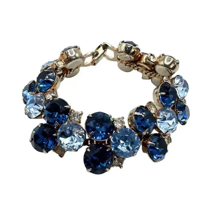 Signed Hobe Vintage Cobalt Blue and Light Blue Glass Bracelet and Earrings Set