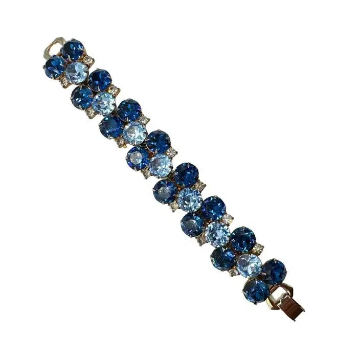 Signed Hobe Vintage Cobalt Blue and Light Blue Glass Bracelet and Earrings Set