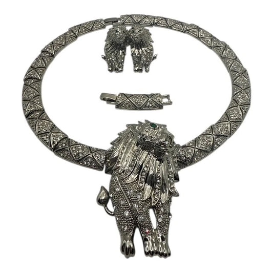 Bold Lion Head Necklace & Earring Set – Joan Rivers Style, Unsigned