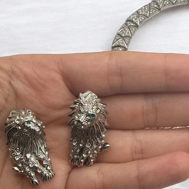 Bold Lion Head Necklace & Earring Set – Joan Rivers Style, Unsigned