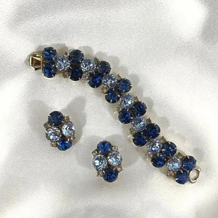 Signed Hobe Vintage Cobalt Blue and Light Blue Glass Bracelet and Earrings Set