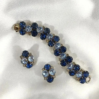 Signed Hobe Vintage Cobalt Blue and Light Blue Glass Bracelet and Earrings Set