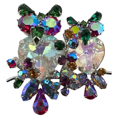 Signed Vendome Vintage Multi Color Glass Owl Brooch