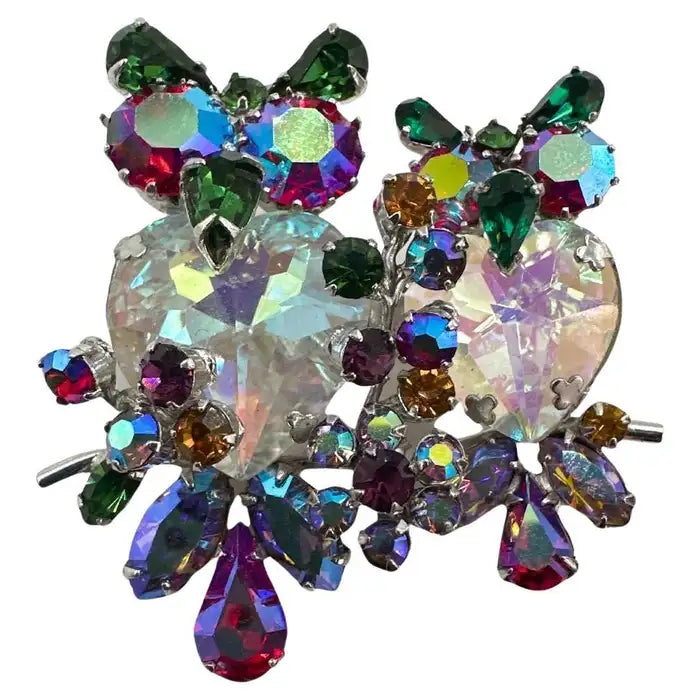 Signed Vendome Vintage Multi Color Glass Owl Brooch