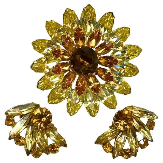 Signed Kramer Vintage Champagne Sunflower Brooch Clip-on Earring Set