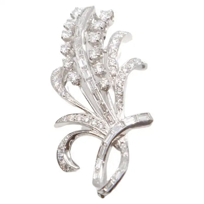 Statement 14K White Gold Diamond Spray Brooch Mid-Century Floral Design.